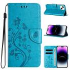 For iPhone 15 Plus Butterfly Flower Pattern Flip Leather Phone Case(Blue) - 1