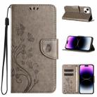 For iPhone 15 Butterfly Flower Pattern Flip Leather Phone Case(Grey) - 1