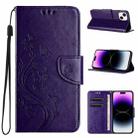 For iPhone 15 Butterfly Flower Pattern Flip Leather Phone Case(Dark Purple) - 1