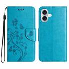 For iPhone 16 Butterfly Flower Pattern Flip Leather Phone Case(Blue) - 1