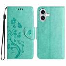 For iPhone 16 Butterfly Flower Pattern Flip Leather Phone Case(Green) - 1