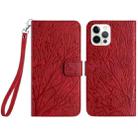 For iPhone 15 Pro Max Tree Birds Embossed Pattern Leather Phone Case(Red) - 1