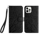 For iPhone 15 Pro Max Tree Birds Embossed Pattern Leather Phone Case(Black) - 1