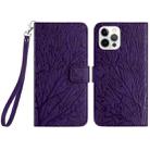 For iPhone 15 Pro Tree Birds Embossed Pattern Leather Phone Case(Purple) - 1