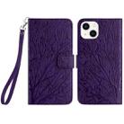 For iPhone 15 Plus Tree Birds Embossed Pattern Leather Phone Case(Purple) - 1