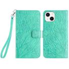 For iPhone 15 Plus Tree Birds Embossed Pattern Leather Phone Case(Green) - 1