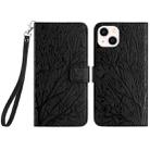 For iPhone 15 Tree Birds Embossed Pattern Leather Phone Case(Black) - 1
