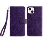 For iPhone 14 Plus Tree Birds Embossed Pattern Leather Phone Case(Purple) - 1