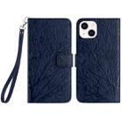 For iPhone 14 Tree Birds Embossed Pattern Leather Phone Case(Blue) - 1