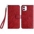 For iPhone 12 Tree Birds Embossed Pattern Leather Phone Case(Red) - 1