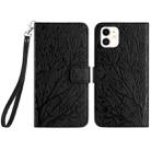 For iPhone 12 Tree Birds Embossed Pattern Leather Phone Case(Black) - 1