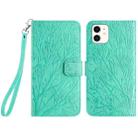 For iPhone 12 Tree Birds Embossed Pattern Leather Phone Case(Green) - 1