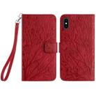 For iPhone X / XS Tree Birds Embossed Pattern Leather Phone Case(Red) - 1