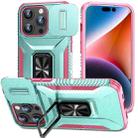 For iPhone 15 Pro Max Sliding Camshield Holder Phone Case(Grey Green + Pink) - 1