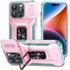 For iPhone 15 Pro Sliding Camshield Holder Phone Case(Pink + Grey Green) - 1