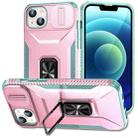 For iPhone 15 Sliding Camshield Holder Phone Case(Pink + Grey Green) - 1