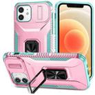 For iPhone 12 / 12 Pro Sliding Camshield Holder Phone Case(Pink + Grey Green) - 1