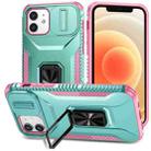 For iPhone 12 / 12 Pro Sliding Camshield Holder Phone Case(Grey Green + Pink) - 1