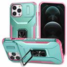 For iPhone 12 Pro Max Sliding Camshield Holder Phone Case(Grey Green + Pink) - 1