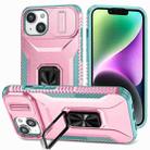 For iPhone 14 Plus Sliding Camshield Holder Phone Case(Pink + Grey Green) - 1