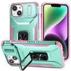 For iPhone 14 Plus Sliding Camshield Holder Phone Case(Grey Green + Pink) - 1