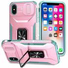 For iPhone XR Sliding Camshield Holder Phone Case(Pink + Grey Green) - 1