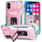 For iPhone XS Sliding Camshield Holder Phone Case(Pink + Grey Green) - 1