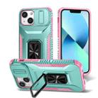 For iPhone 13 mini Sliding Camshield Holder Phone Case(Pink + Grey Green) - 1