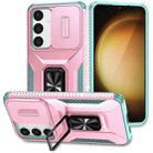 For Samsung Galaxy S24+ 5G Sliding Camshield Holder Phone Case(Pink + Grey Green) - 1