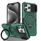 For iPhone 15 Pro Sliding Camshield Magsafe Holder TPU Hybrid PC Phone Case(Deep Green) - 1