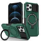 For iPhone 12 Pro Max Sliding Camshield Magsafe Holder TPU Hybrid PC Phone Case(Deep Green) - 1
