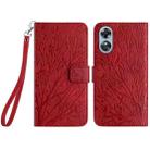 For OPPO A17 Tree Birds Embossed Pattern Leather Phone Case(Red) - 1