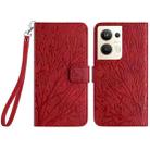 For OPPO Reno9 Pro+ Tree Birds Embossed Pattern Leather Phone Case(Red) - 1