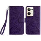 For OPPO Reno9 Pro+ Tree Birds Embossed Pattern Leather Phone Case(Purple) - 1