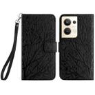 For OPPO Reno9 Pro+ Tree Birds Embossed Pattern Leather Phone Case(Black) - 1