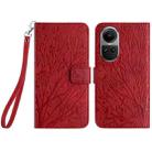 For OPPO Reno10 Pro Global Tree Birds Embossed Pattern Leather Phone Case(Red) - 1