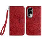 For OPPO Reno10 Pro+ Tree Birds Embossed Pattern Leather Phone Case(Red) - 1