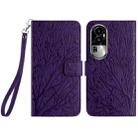 For OPPO Reno10 Pro+ Tree Birds Embossed Pattern Leather Phone Case(Purple) - 1