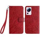 For Xiaomi 13 Lite Tree Birds Embossed Pattern Leather Phone Case(Red) - 1