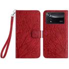 For Xiaomi Poco X4 Pro 5G Tree Birds Embossed Pattern Leather Phone Case(Red) - 1
