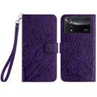 For Xiaomi Poco X4 Pro 5G Tree Birds Embossed Pattern Leather Phone Case(Purple) - 1