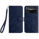 For Xiaomi Poco X4 Pro 5G Tree Birds Embossed Pattern Leather Phone Case(Blue) - 1