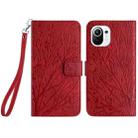 For Xiaomi 11 Lite Tree Birds Embossed Pattern Leather Phone Case(Red) - 1