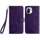 For Xiaomi 11 Lite Tree Birds Embossed Pattern Leather Phone Case(Purple) - 1
