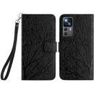 For Xiaomi 12T Tree Birds Embossed Pattern Leather Phone Case(Black) - 1