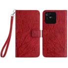 For Xiaomi Redmi 10C Tree Birds Embossed Pattern Leather Phone Case(Red) - 1