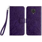 For Xiaomi Redmi Note 9S Tree Birds Embossed Pattern Leather Phone Case(Purple) - 1