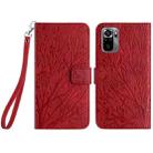 For Xiaomi Redmi Note 10 4G Tree Birds Embossed Pattern Leather Phone Case(Red) - 1
