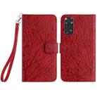 For Xiaomi Redmi Note 11S Tree Birds Embossed Pattern Leather Phone Case(Red) - 1