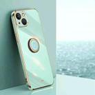 For iPhone 15 Plus XINLI Straight Edge 6D Electroplate TPU Phone Case with Ring Holder(Mint Green) - 1